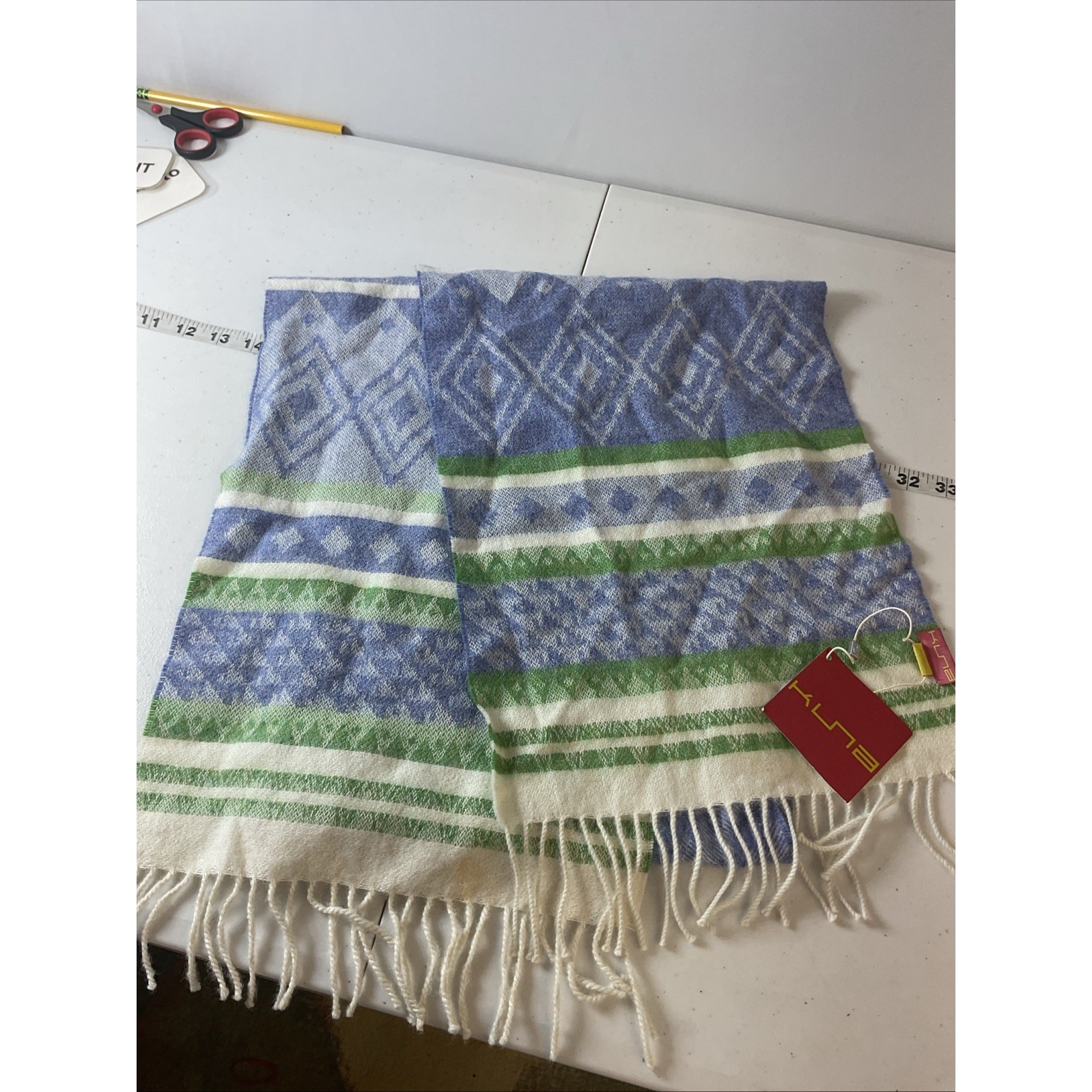New Imported Kuna Uakari 100% Baby Alpaca Scarf Chalina Plano Blue Green Geo — image 4 of 5